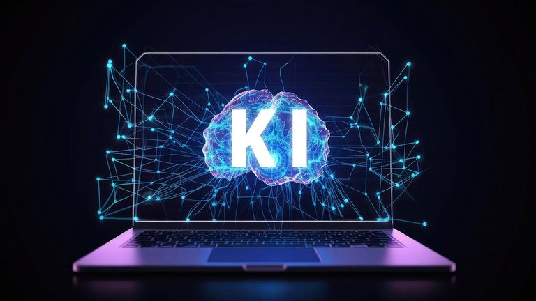 Laptop-Bildschirm zeigt futuristisches KI-Logo mit neuronalem Netz.